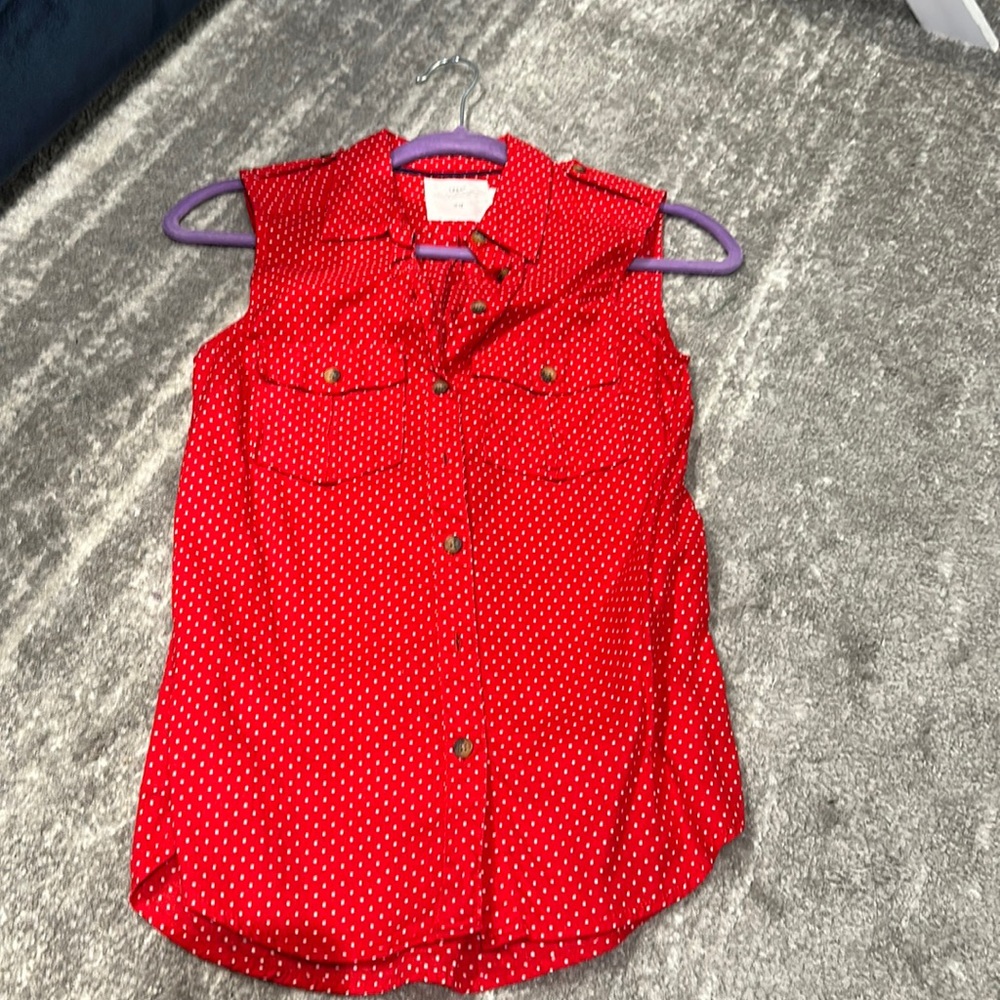 Red polka dot button down top